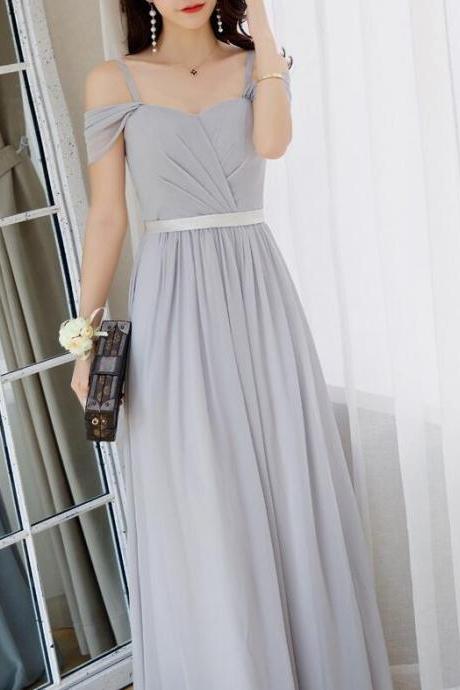 Plus Size Silver Chiffon Spaghetti Strap Long Prom Dress Floor Length Prom Party Gows, Sexy A Line Wedidng Guest Gowns