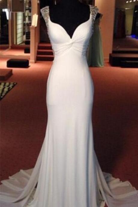 Sexy Spaghetti Strap White Chiffon Beaded Mermaid Prom Dress Long Prom Gowns Custom Made Women Party Gowns