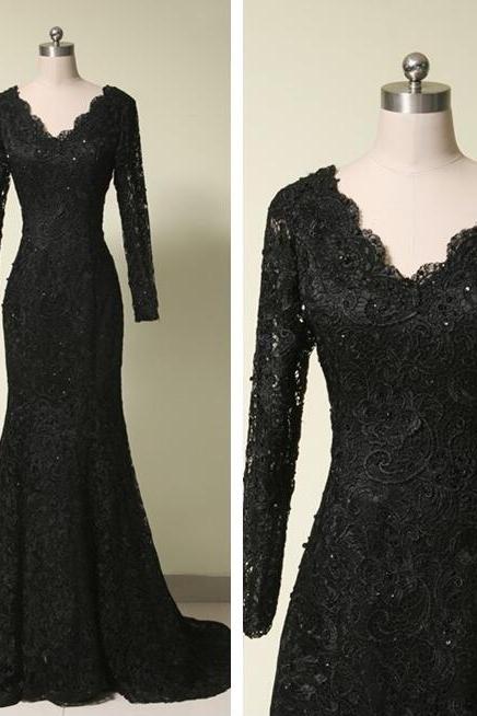 Plus Size Black Lace Prom Dresses With Long Sleeve Beaded Formal Prom Gowns Arabic Evening Gowns 2020