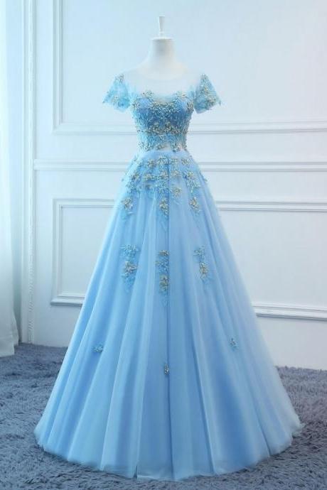 Prom Dresses Long Blue Evening Dresses Foral Tulle Dress Women Formal Party Gown Fashionable Bride Gown Corset Back Quality Custom Made2020