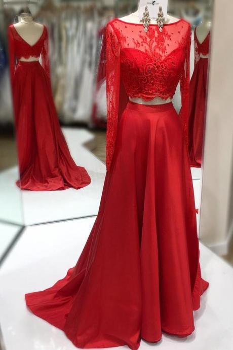 Red Satin Long Sleeve Two Pieces Prom Dress Custom Made Women Party Gowns A Line Evening Dress 2020