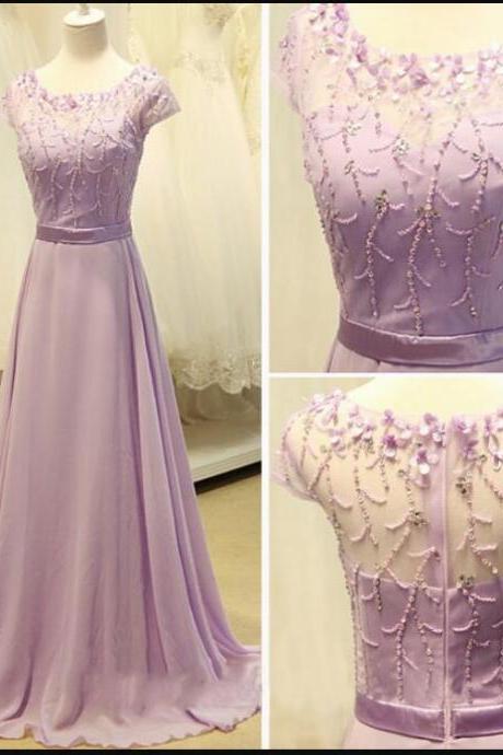 Custom Made Sexy Lavender Chiffon Beaded Prom Dresses O-neck Women Formal Evening Dress,formal Gowns 2020