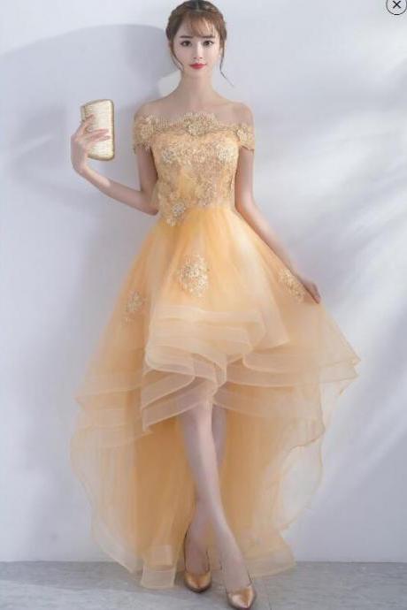Light Gold Tulle High Low Prom Dresses With Lace Appliqued , Fron Short Long Back Prom Gowns 2020