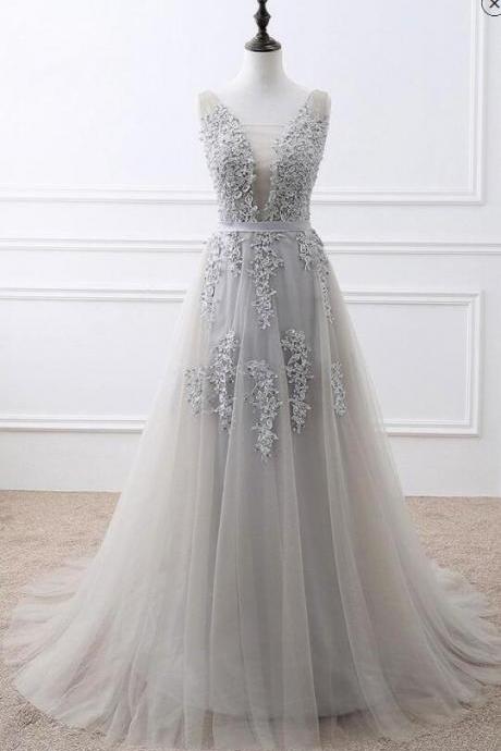 Sexy Light Gray Lace Appliqued Long Prom Dresses Custom Made Women Pageant Gowns,formal Evening Dress 2020
