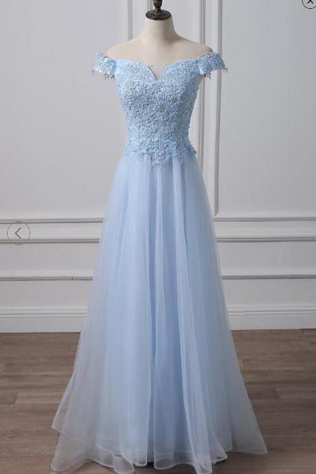 Off The Shulder Sky Blue Tulle Lace Long Prom Dress With Appliqued 2020 Women Party Gowns Plus Size Formal Dresses