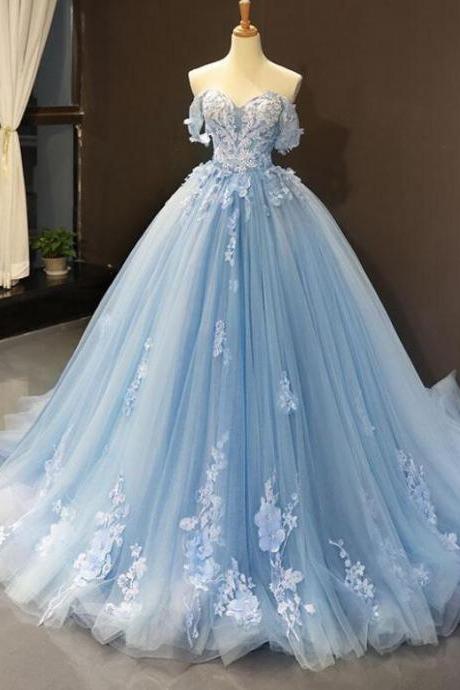 Sky Blue Lace Prom Dress Off The Shoulder Women Prom Gowns Custom Made Pageant Gowns