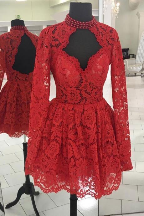 Sexy High Neck Red Lace Short Prom Dress With Long Sleeve Custom Made Prom Party Gowns ,short Cocktail Gowns With Backless