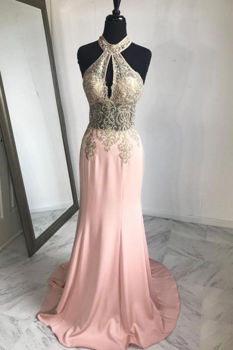 Sexy Halter A Line Satin Prom Dress With Gold Lace Appliqued Evening Dress, Formal Gowns ,women Dress