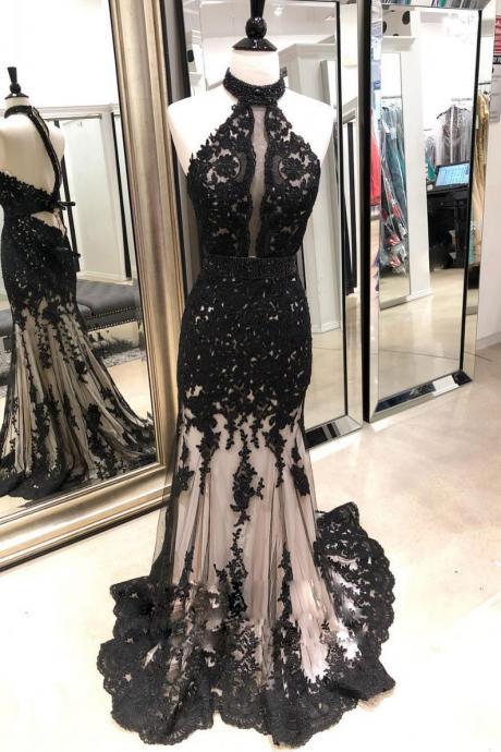 Vintage Black Lace Halter Neck Shath Prom Dresses 2020 Formal Prom Gowns Plus Size Backless Prom Gowns ,women Party Gowns