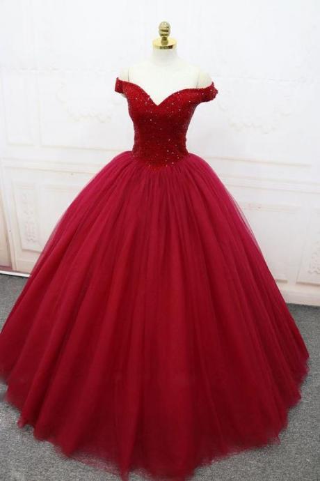 Charming Burgundy Beaded Tulle A Line Long Prom Dresses Plus Size Women Party Gowns , Quinceanera Dresses 2019