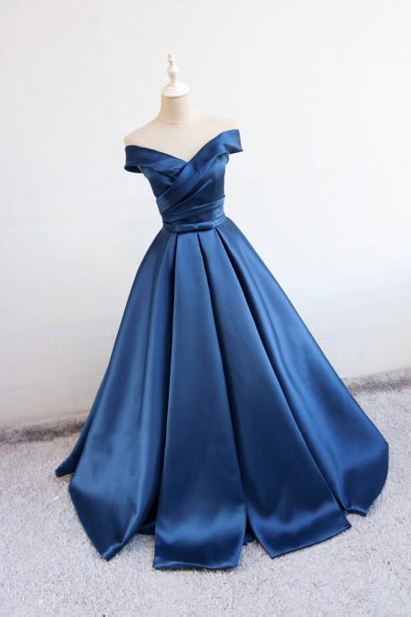 A Line Blue Satin Ruffle Long Prom Dress Custom Made Ruffle Women Party Gowns , Prom Party Gowns 2020