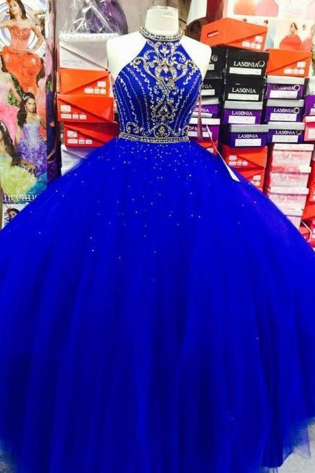 Custom Made Royal Blue Halter Beaded Ball Gown Quinceanera Dresses ,sweet 15 Quinceanera Party Dress, Off Shoulder Women Quinceanera Gowns 2020
