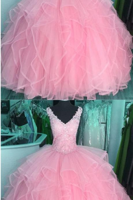 Sexy V-neck A Line Pink Tulle Prom Dresses Strapless Prom Party Gowns Custom Made Wedding Party Gowns