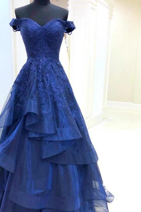 Sexy A Line Navy Blue Lace Long Prom Dress With Appliqued Sweet Wedding Prom Party Gowns ,formal Evening Dresses