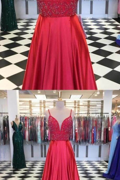 Sexy Red Satin Beaded Long Prom Dress Spaghetti Strap Prom Party Gowns ,custom Made Evening Dress