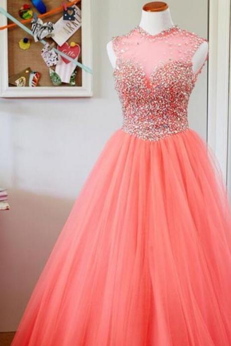 Sexy High Neck Coral Beaded Ball Gown Quinceanera Dress, Sweet 15 Quinceanera Party Gowns ,sexy Pricess Party Gowns ,