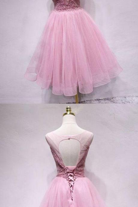Pink Tulle Sheer Neck Short Homecoming Dress A Line Mini Prom Party Gowns , Sweet 16 Prom Gowns , Short Cocktail Dress