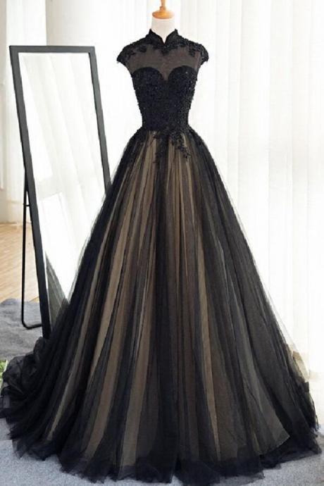 Tulle High Neck Long Prom Dress Custom Made Prom Party Gowns , Evening Dresses ,lace Prom Gowns