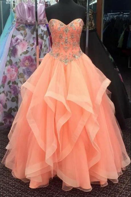 Charming Beaded A Line Orange Tulle Prom Dress, Sweet 15 Prom Gowns ,custom Made Pageant Dresses