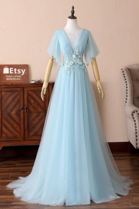 Custom Made A Line Light Blue Chiffon Prom Dresses , Prom Party Gowns , Formal Evening Dress, Sexy V-neck Formal Dress