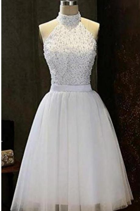 Sexy White Tulle Beaded Short Homecoming Dress A Line Strapless Cocktail Party Gowns , Short Party Gowns 2020