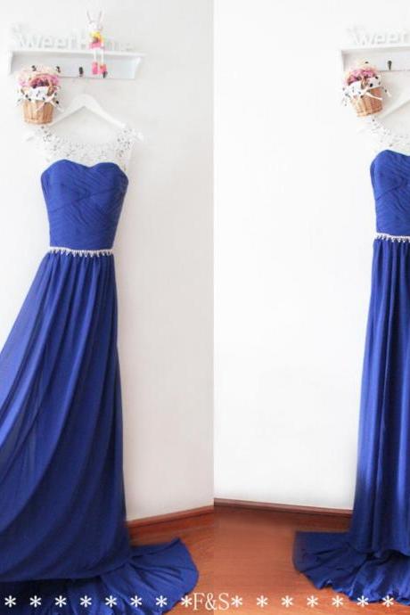 Sexy Royal Blue Chiffon Ruffle Beaded Scoop Neck Long Prom Dress A Line Women Prom Gowns, Prom Party Gowns