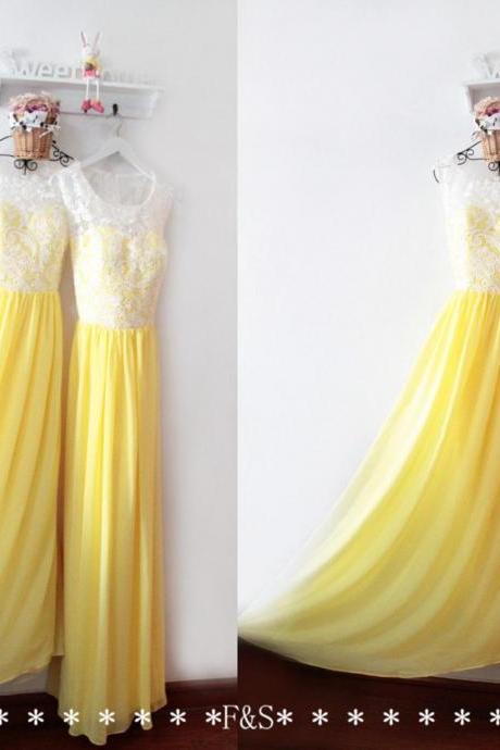 Sexy Yellow Chiffon Long Bidesmaids Dresses With White Lace Prom Dress, Wedding Guest Gowns