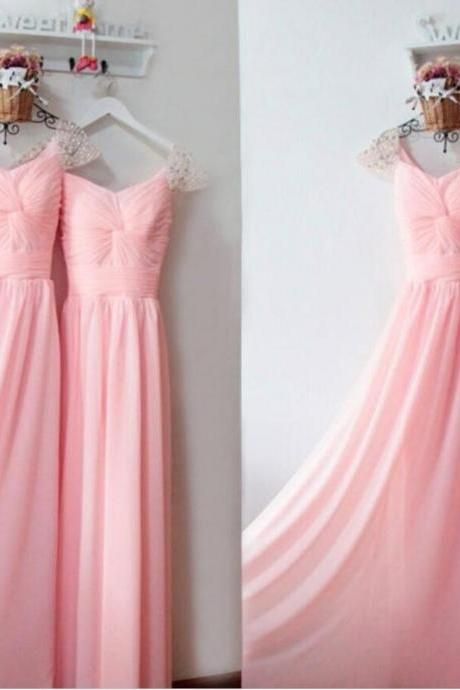 Pink Chiffon Beaded Ruffle Long Prom Dress A Line Formal Evening Dresses, Wedding Prom Gowns .