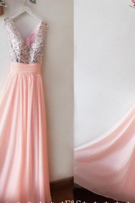 Stunning A Line Pink Chiffon V-neck Silver Sequin Long Prom Dress, Long Prom Gowns ,custom Made Formal Dress