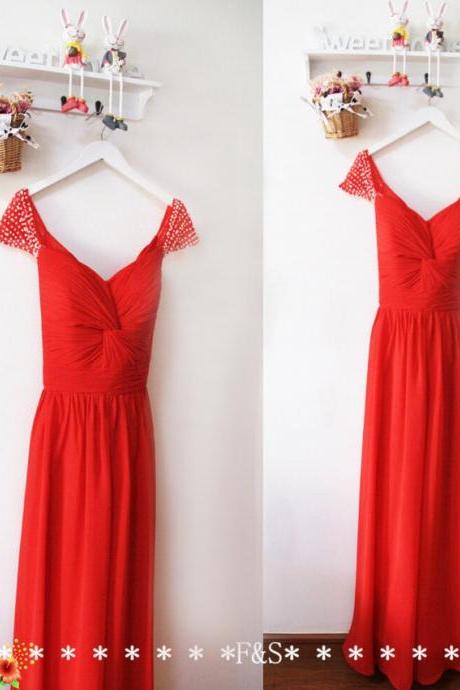 Long Evening Dress, Red Chiffon Ruched Long Prom Dress, Custom Made A Line Prom Party Gowns