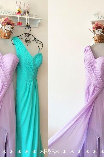 Custom Made One Shoulder Green Chiffon Long Bridesmaid Dress, Plus Size Wedding Party Gowns , Long Prom Gowns