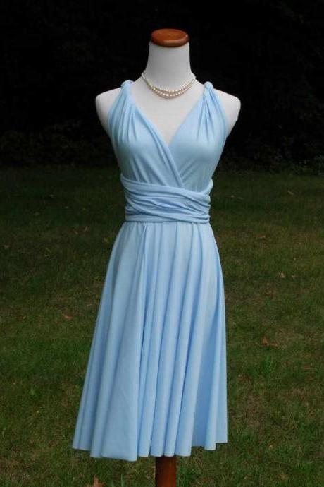 V-neck Light Blue Chiffon Short Homecoming Dress, Prom Gowns , Mini Party Gowns