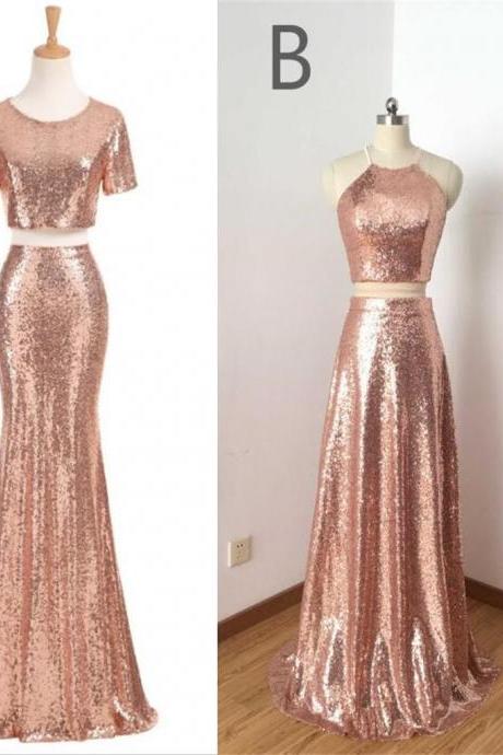 Charming Champagne Sequin Two Pieces Prom Dress , Prom Party Gowns , Plus Size Homecoming Gowns