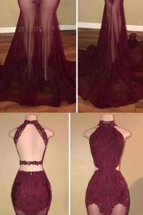 Sexy Backless Burgundy Lace Mermaid Prom Dress High Neck Formal Evening Dress,wedding Party Gowns .