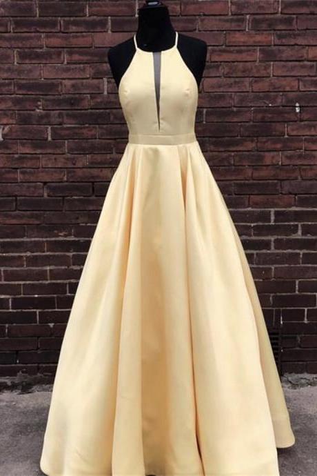 Light Yellow Satin Long Prom Dress A Line Formal Gowns , Long Evening Dress, Halter Prom Gowns 2020