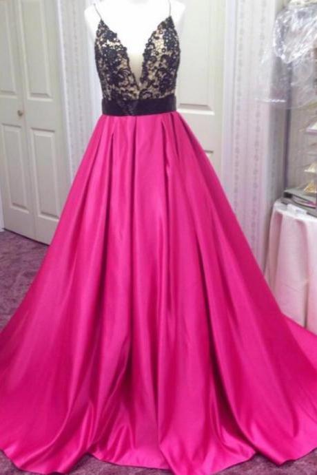 Custom Made Fuchsia Satin Long Prom Dress A Line Women Party Gowns , Spaghetti Strap Prom Gowns 2020