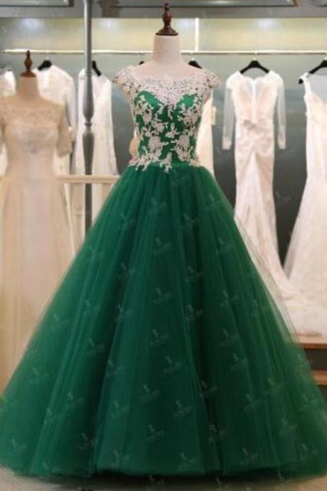 Stunning Sheer Neck Green Tulle Long Prom Dress , Sweet 15 Quinceanera Party Gowns ,wedding Gues Gowns ,