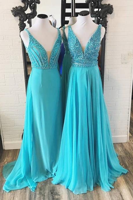 Spaghetti Strap Turquoise Chiffon Beaded Crystal Long Prom Dress A Line Prom Party Gowns ,wedding Guest Gowns 2020
