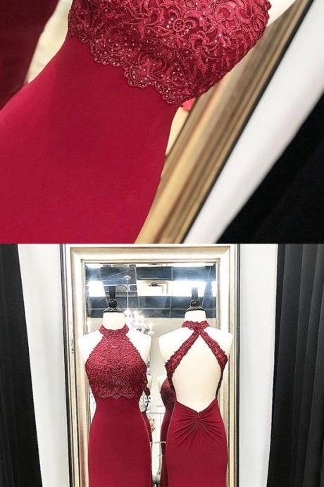 Burgundy Lace Formal Prom Dress Sexy Backless Women Party Gowns Plus Size Prom Gowns 2020