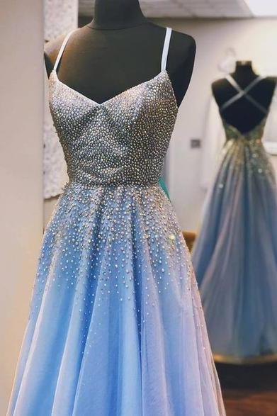 Sexy Backless Luxury Beaded Light Blue Long Prom Dress Custom Made Women Pageant Gowns , Sweet 15 Prom Gowns 2020