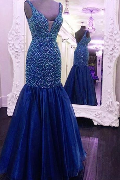 Charming Crystal Beaded Blue Tulle Mermaid Prom Dress Custom Made Women Party Gowns , Evening Dresses