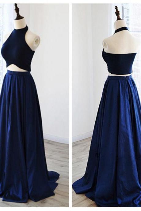 Navy Blue Satin Long Prom Dress Two Pieces Prom Party Gowns, Custom Made Evening Gowns