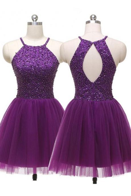Stunning A Line Purple Beaded Tulle Short Homecoming Dress Custom Made Party Gowns , Short Prom Gowns ,Sweet 16 Prom Gowns 