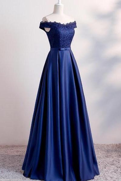 A Line Navy Blue Satin Long Prom Dress Custom Made Women Party Gowns , Formal Evening Dress 2020