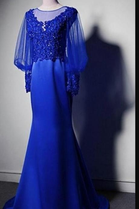 Royal Blue Mermaid Prom Dress Custom Made Prom Party Gowns With Long Sleeve , Women Party Gowns