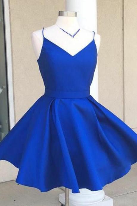 Royal Blue Satin Short Homecoming Dress Above Length Mini Prom Party Gowns , Short Cocktail Gowns,sweet 15 Prom Gowns