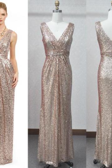 Stunning Light Champagne Sequin Long Prom Dresses V-neck Long Party Gowns ,custom Made Prom Gowns , Formal Evening Dress