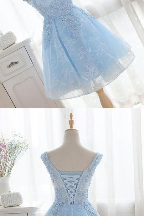 New Arrival Sky Blue Lace Beaded Short Homecoming Dress , Short Prom Gowns , Sexy Mini Party Gowns , 