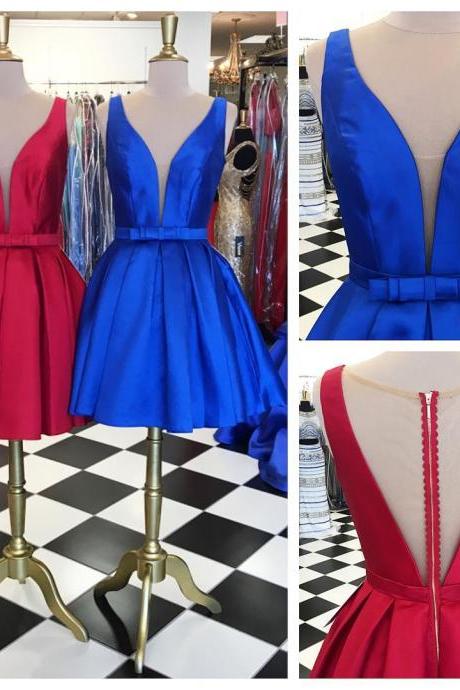 Royal Blue Satin Short Homecoming Dress , Mini Cocktail Gowns , Short Prom Party Gowns , Sweet 15 Prom Gowns