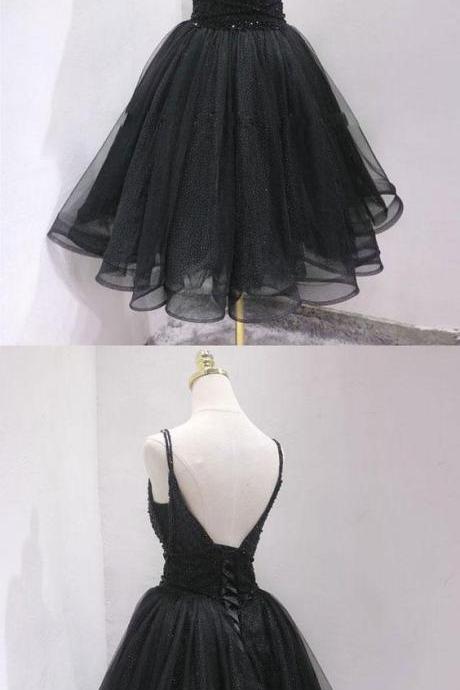 Shiny Black Tulle A Line Short Homecoming Dress , Sexy Mini Prom Party Gowns ,Custom Made Wedding Party Gowns 